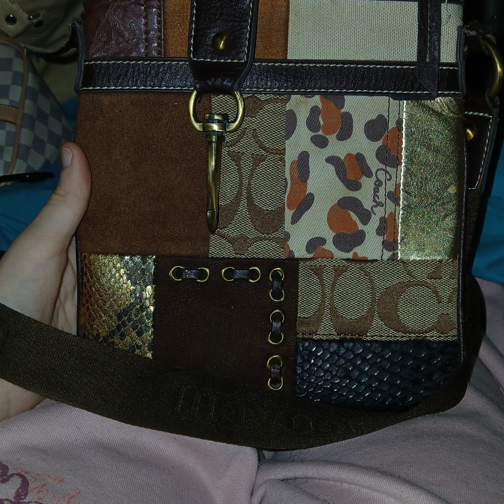 Coach brown leather multicolor patchwork adjustable strap zipper shoulder bag